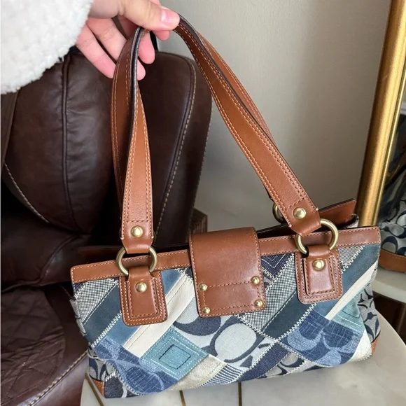 Coach Vintage Patchwork Leather and Denim Turnlock Satchel Handbag - Picture 3 of 7